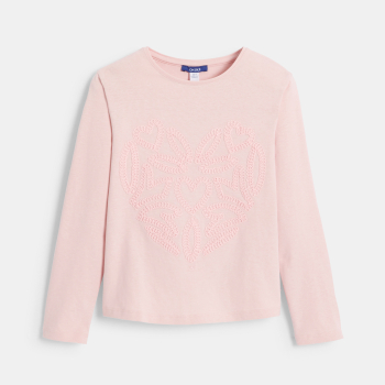 تيشيرت بأكمام طويلة مطرز باللون الوردي، للفتيات